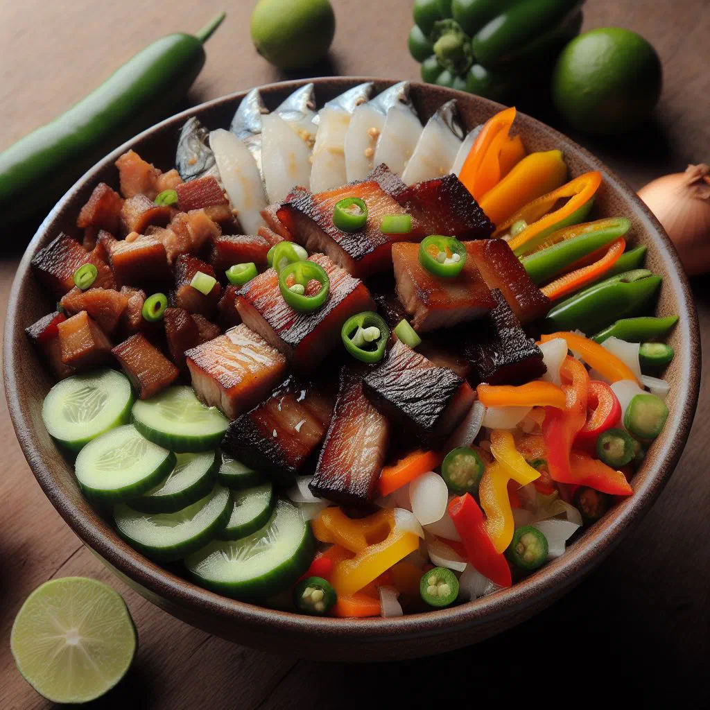 Sinuglaw with grilled pork belly and lime-cured fish, garnished with onion and chilli