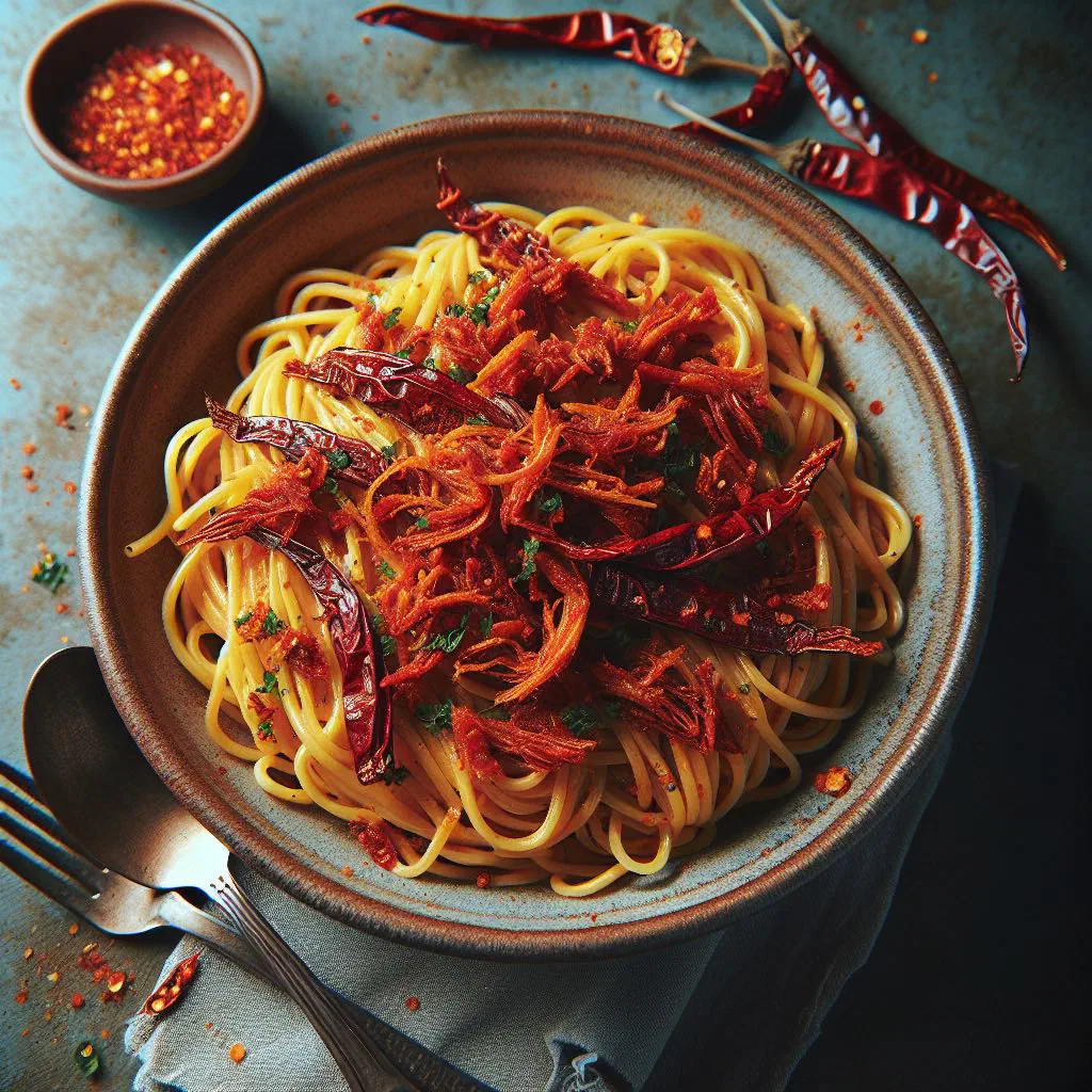 Spaghetti tossed with flaked tuyo, chilli and garlic, garnished with coriander