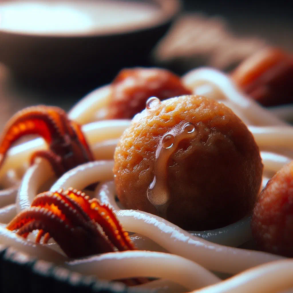 Golden deep-fried Filipino squid balls served on skewers with dipping sauce