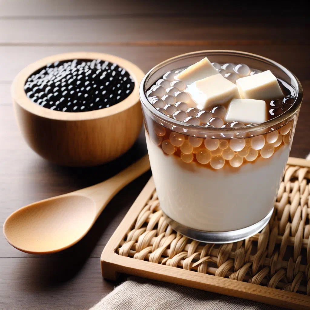 A glass of taho with silken tofu, brown sugar syrup and tapioca pearls