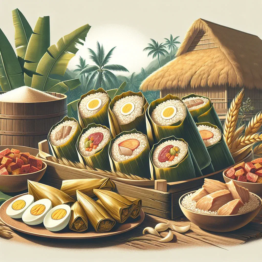 Tamales Pampanga wrapped in banana leaves with a savoury meat filling