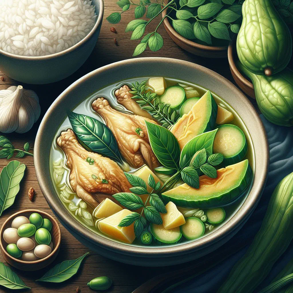 A steaming bowl of Tinola chicken soup with ginger broth and green leaves