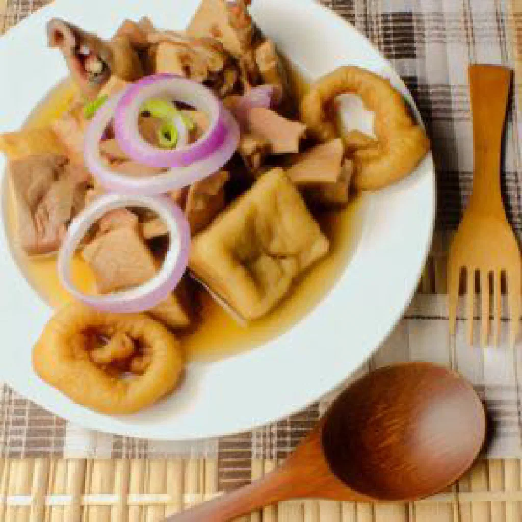Tokwa't baboy with crispy pork and fried tofu in a tangy soy-vinegar sauce