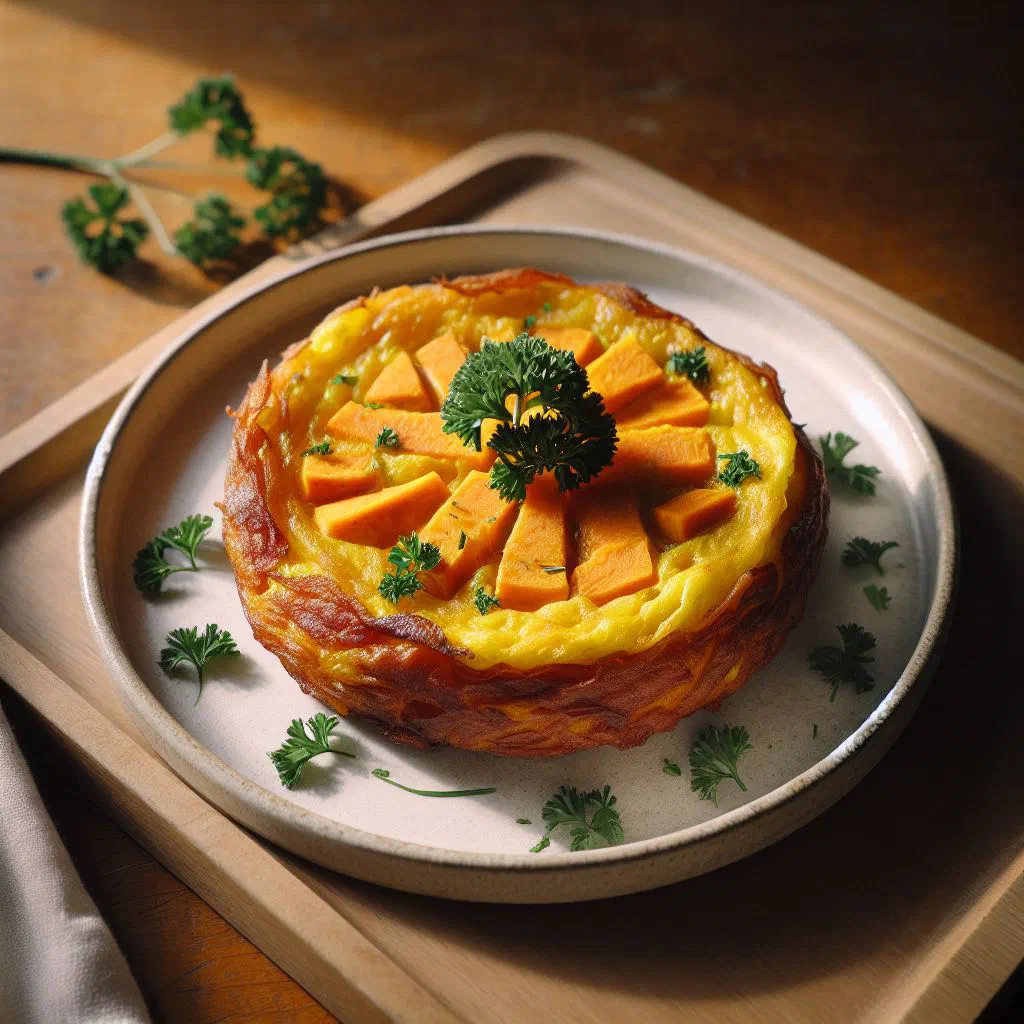 Golden sweet potato omelette garnished with fresh herbs on a plate
