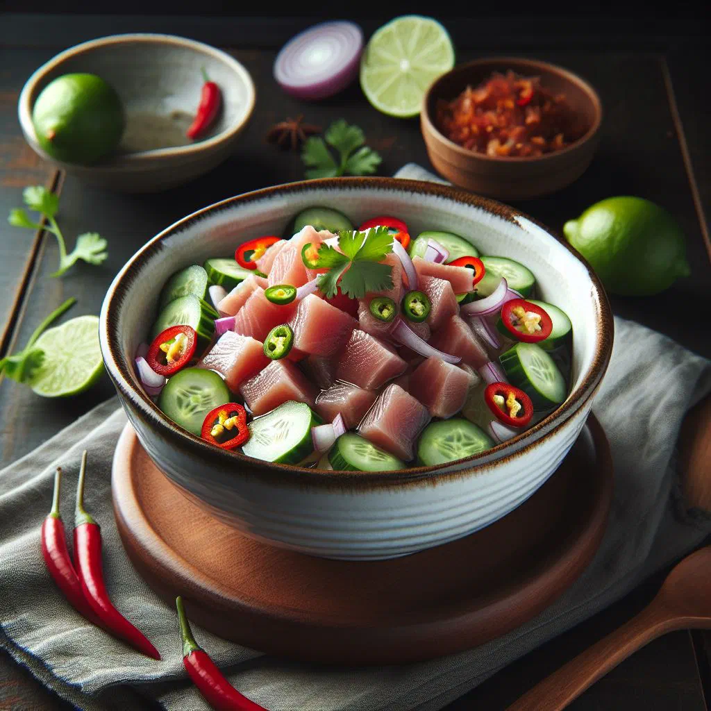 Tuna kilawin with diced tuna, onions and chillies garnished with coriander