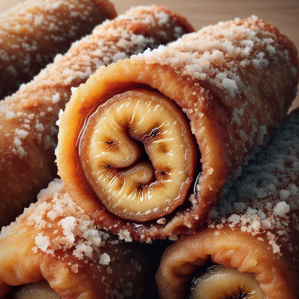 Crispy caramelised turon banana spring rolls on a plate