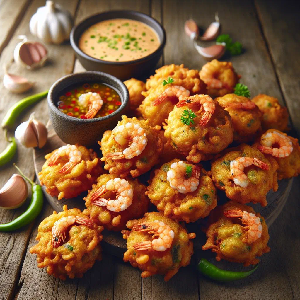Crispy golden ukoy shrimp and vegetable fritters with a dipping sauce
