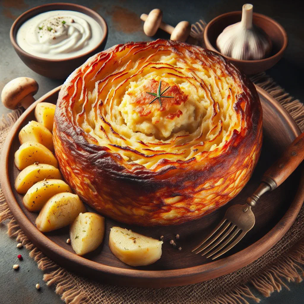 Golden-baked Polish potato cake with bacon and onion, served with soured cream