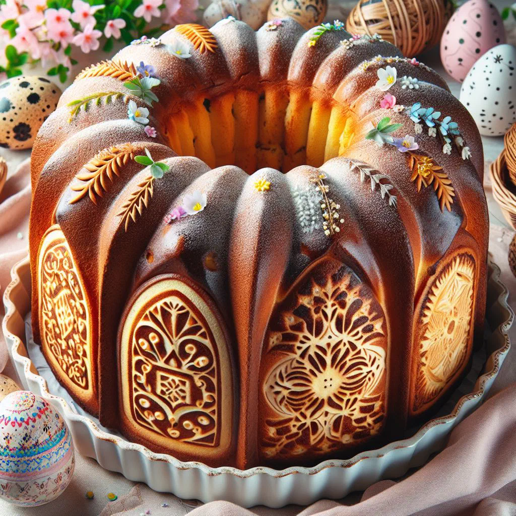 Golden Polish Easter babka dusted with sugar icing and studded with raisins