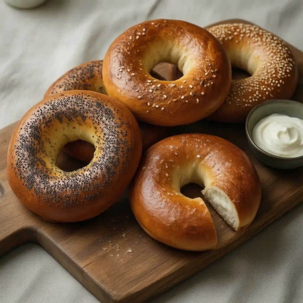 Four golden Kraków-style bagels with poppy and sesame seeds, one cut open, on a wooden board