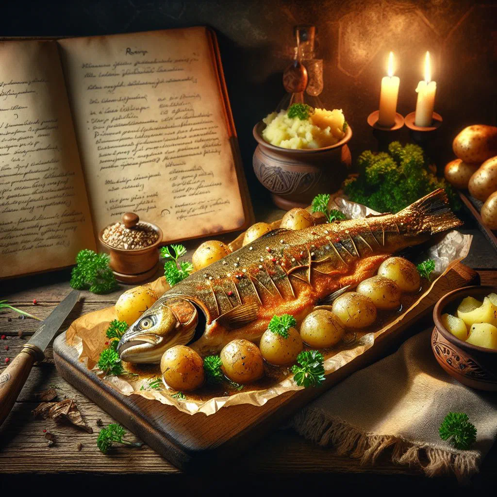 Whole baked trout stuffed with lemon slices and fresh herbs