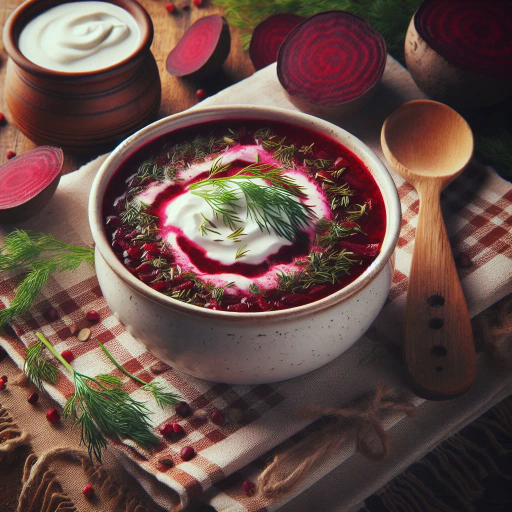 A deep red bowl of barszcz czerwony topped with soured cream and fresh dill