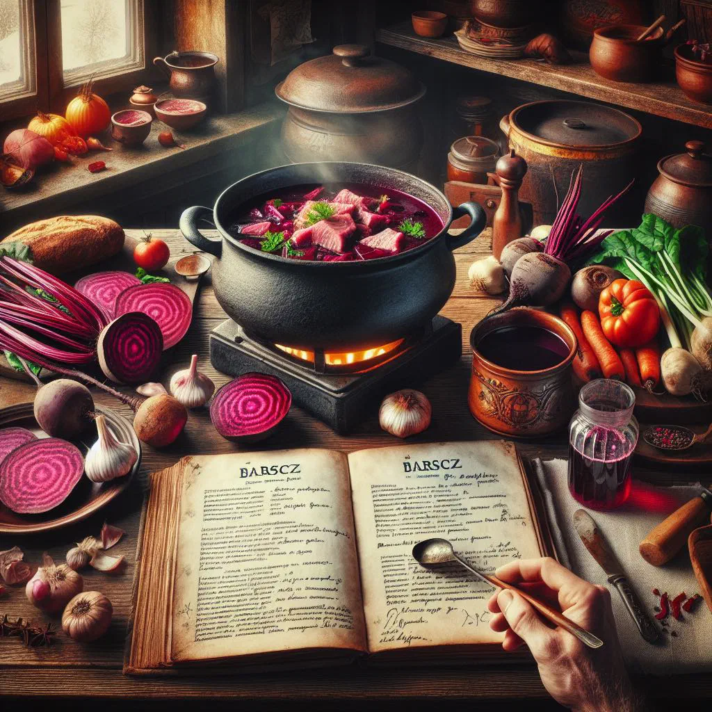 A bowl of deep red barszcz beetroot soup finished with a swirl of sour cream and fresh dill