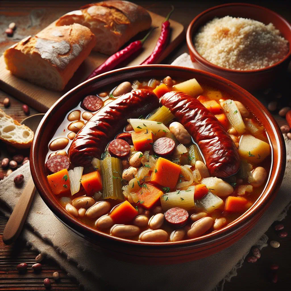 A bowl of hearty Polish white bean soup garnished with fresh herbs