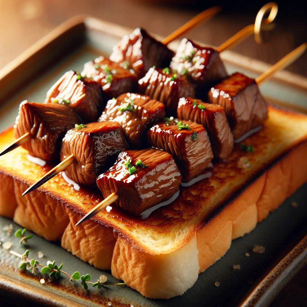 Slices of toasted country bread spread with savoury beef marrow and fresh herbs
