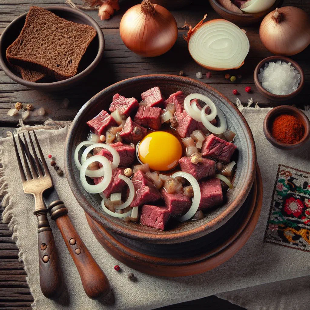 Polish beef tartare topped with a raw egg yolk, chopped onion and pickled cucumbers