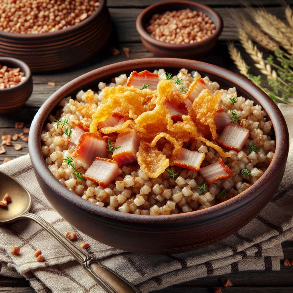 Bowl of buckwheat groats topped with crispy bacon crackling and fresh herbs