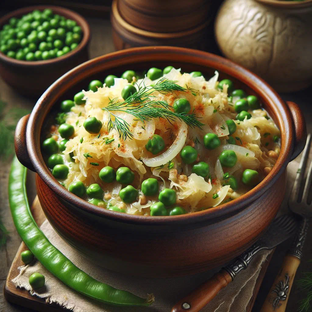 A hearty bowl of Polish cabbage with peas, garnished with fresh herbs