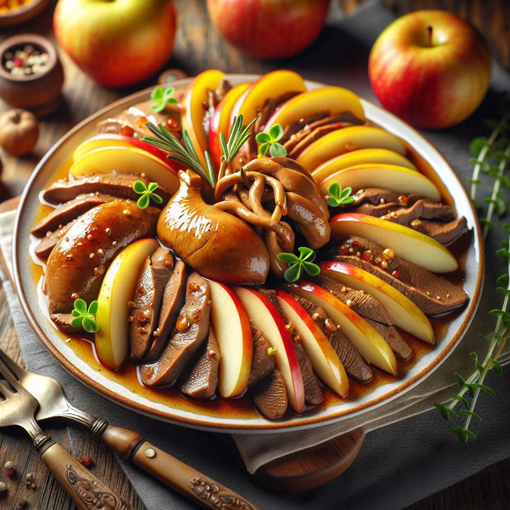 Pan-fried chicken liver with apples and onions served with bread