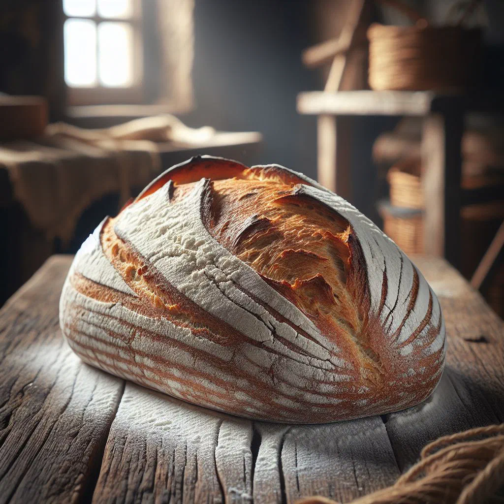 Rustic loaf of Polish wheat bread with a golden crust, cut into slices