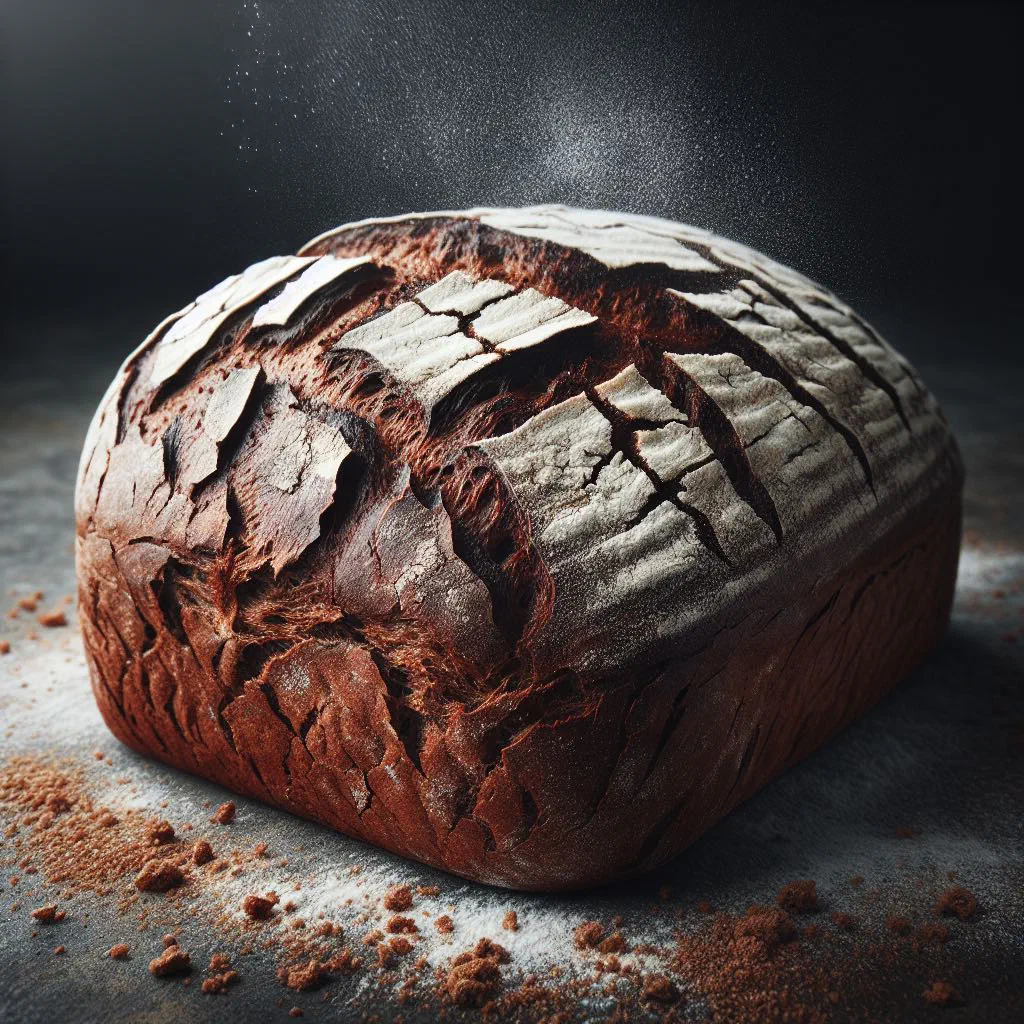 Rustic Polish rye bread loaf with a crisp crust, sliced on a wooden board