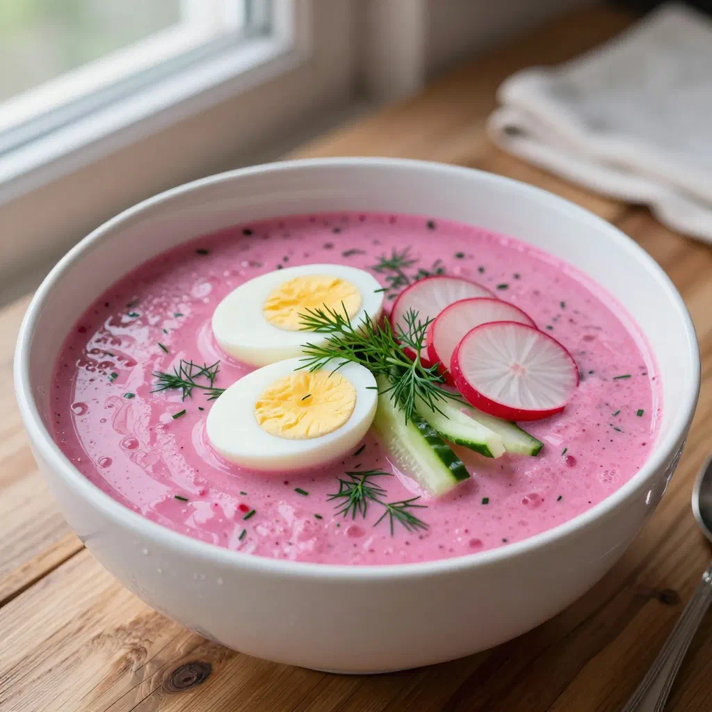 Bowl of bright pink chłodnik cold beetroot soup topped with dill