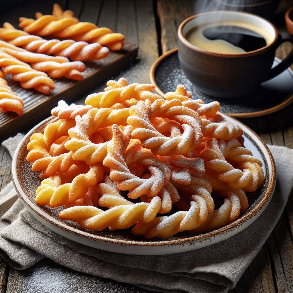 Crisp golden chruściki pastry ribbons dusted with icing sugar