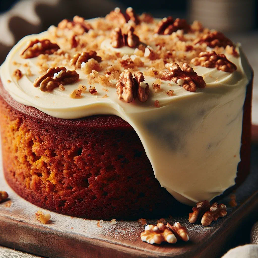 A slice of moist Polish carrot cake dusted with icing sugar