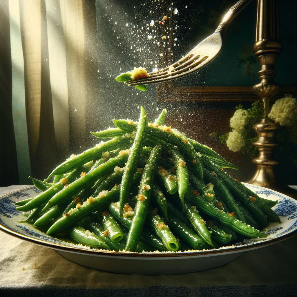 Green beans topped with golden buttered breadcrumbs on a plate