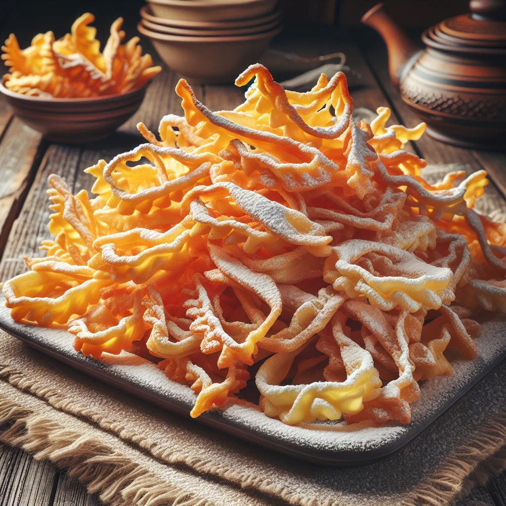 Crisp golden faworki dusted with icing sugar and cinnamon
