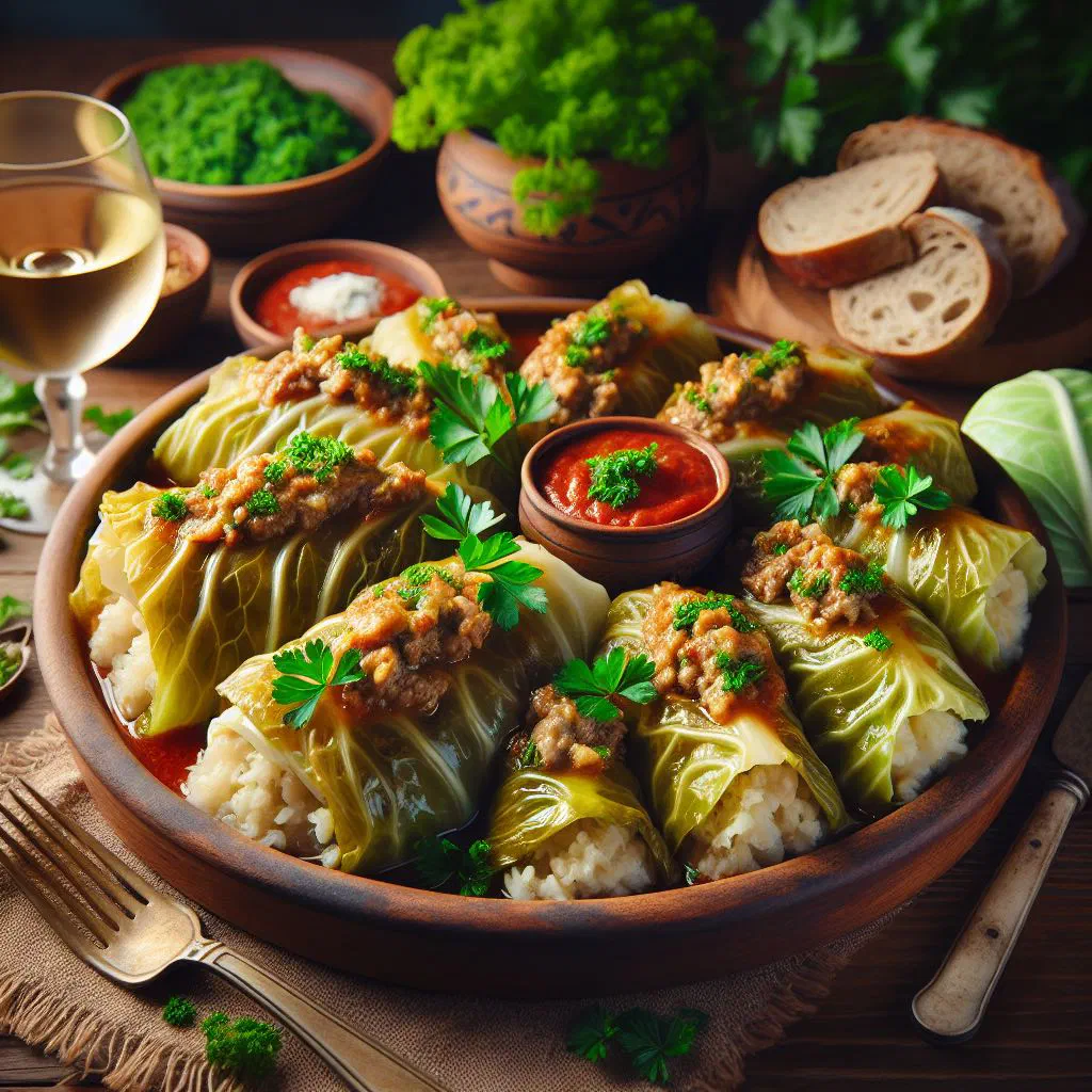 Polish gołąbki cabbage rolls in tomato sauce garnished with fresh herbs