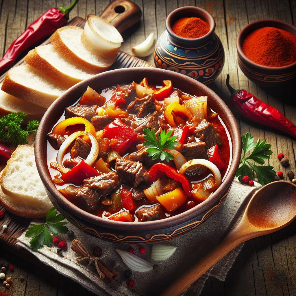 Bowl of Polish goulash with tender beef, peppers and paprika sauce