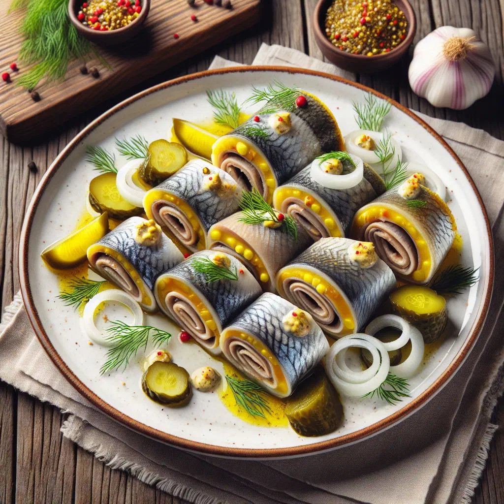 Rolled pickled herring fillets filled with onion, served on a plate