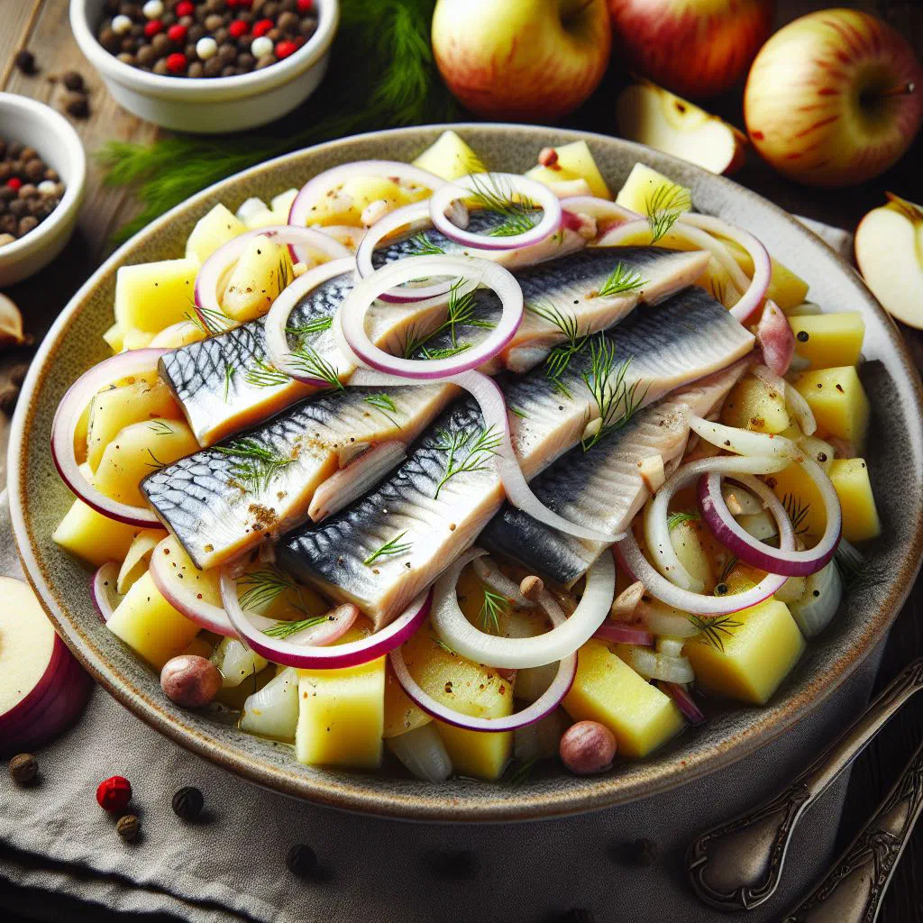 Polish herring salad with diced potatoes, apple and onion garnished with dill