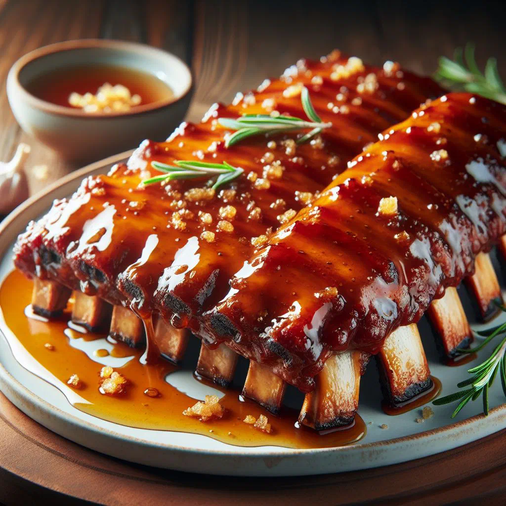 Tender pork spare ribs glazed in a glossy honey sauce, garnished with fresh herbs