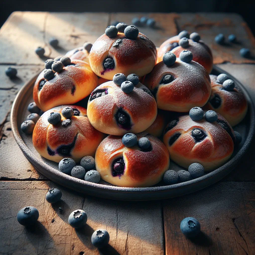 Golden blueberry-filled sweet buns dusted with icing sugar