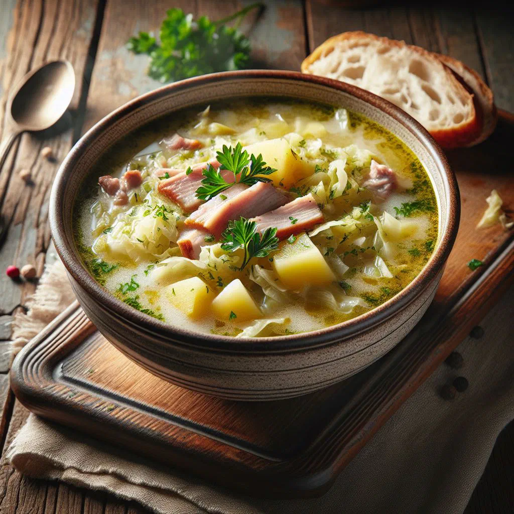 A bowl of hearty Polish kapuśniak cabbage soup garnished with fresh dill