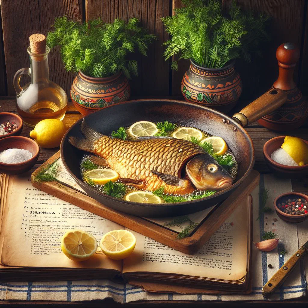 Golden fried carp fillets with crisp skin, garnished with lemon and dill