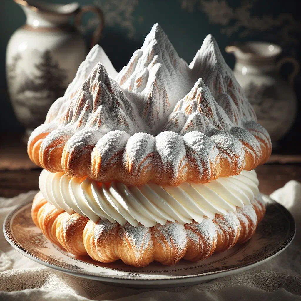Slice of karpatka with two golden pastry layers and thick vanilla cream, dusted with icing sugar