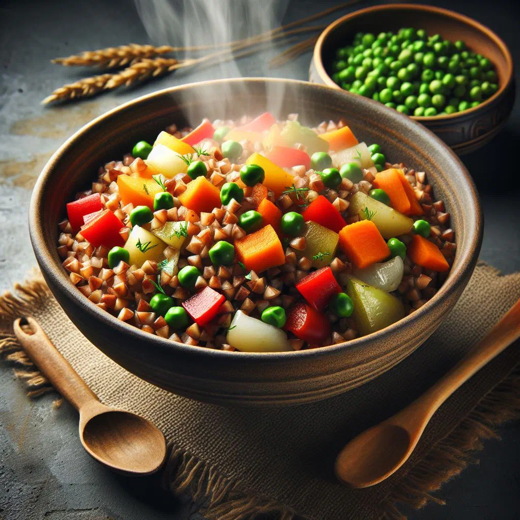 Bowl of buckwheat groats with colourful sautéed vegetables and fresh herbs