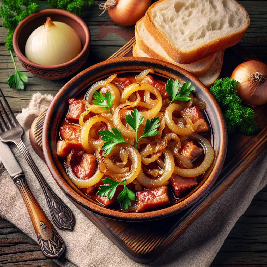 Pan-fried kaszanka slices with golden onions on a rustic wooden board