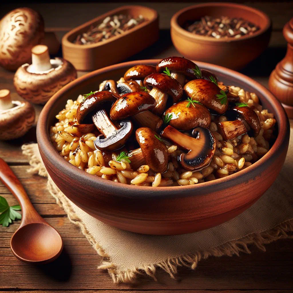 Bowl of buckwheat kaszotto with mushrooms garnished with parsley