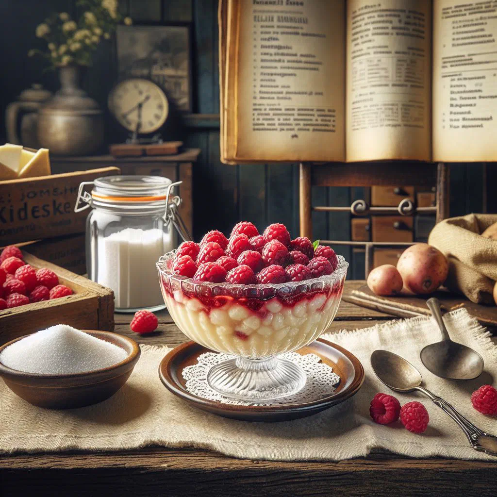 A bowl of glossy red kisiel garnished with fresh berries