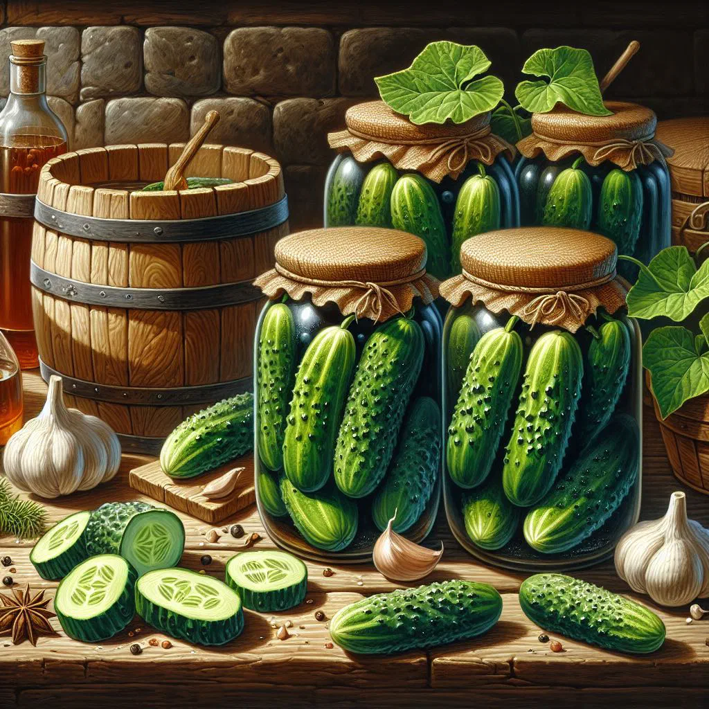 Jar of Polish fermented dill cucumbers with garlic and dill