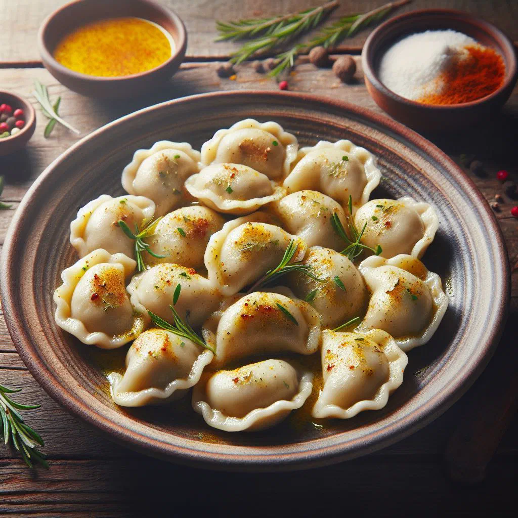 Golden pan-fried kopytka potato dumplings garnished with fresh herbs