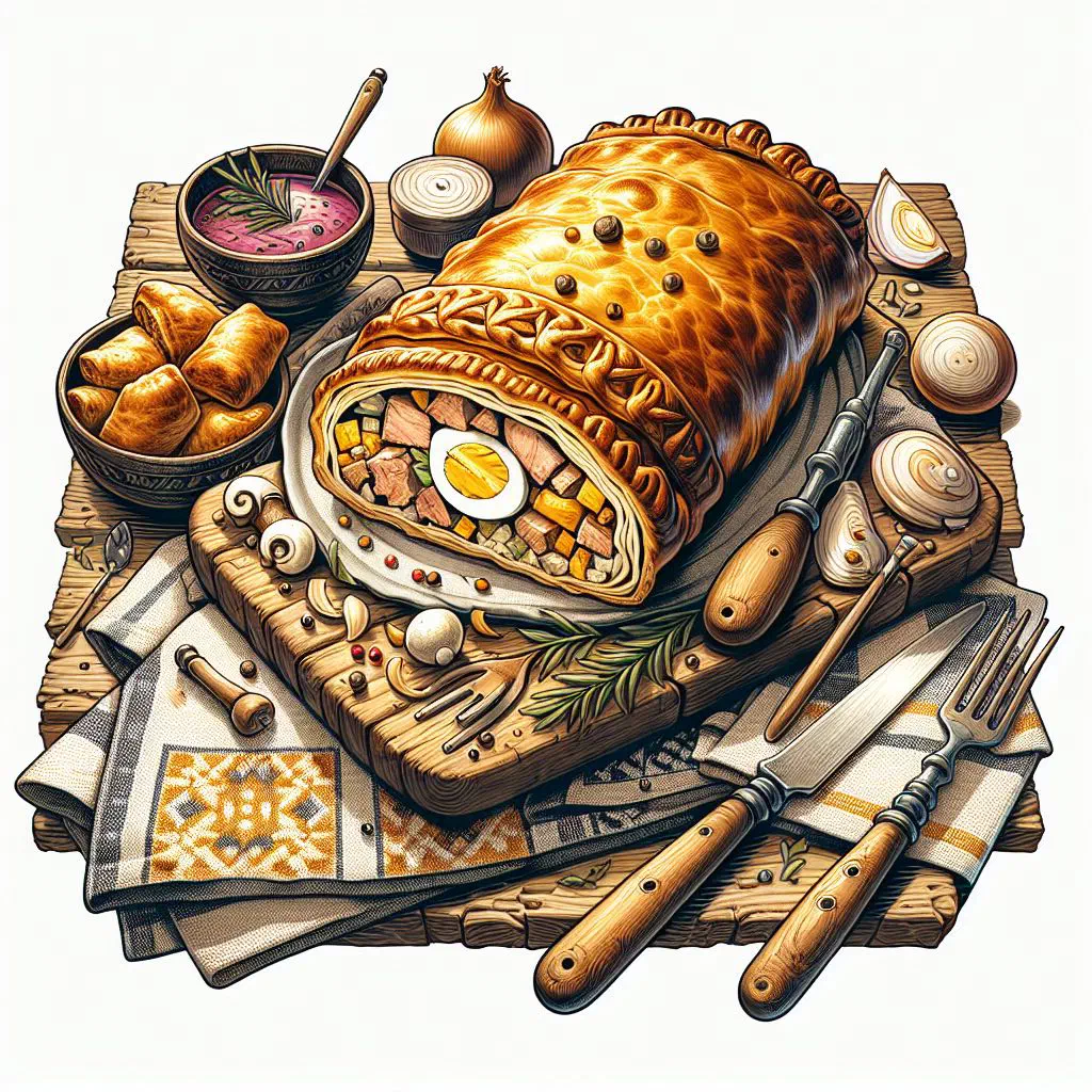 Golden baked kulebiak pastry sliced to reveal a savoury filling
