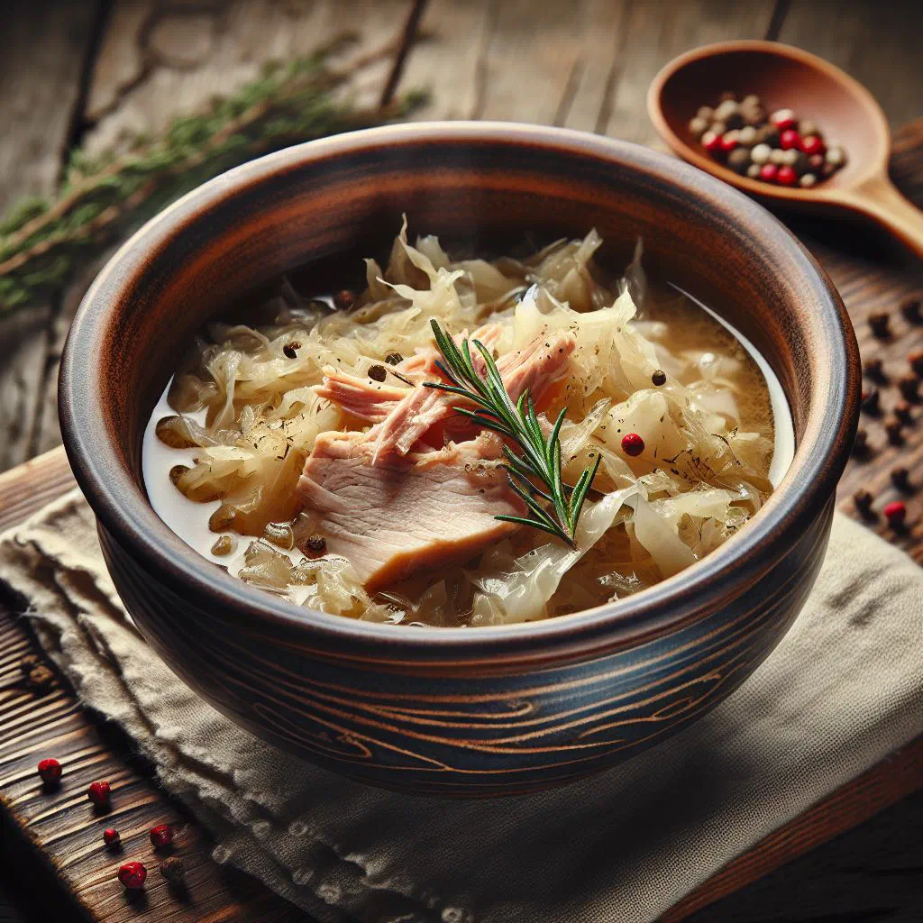 A rustic bowl of Kwaśnica sauerkraut stew with pork and potatoes