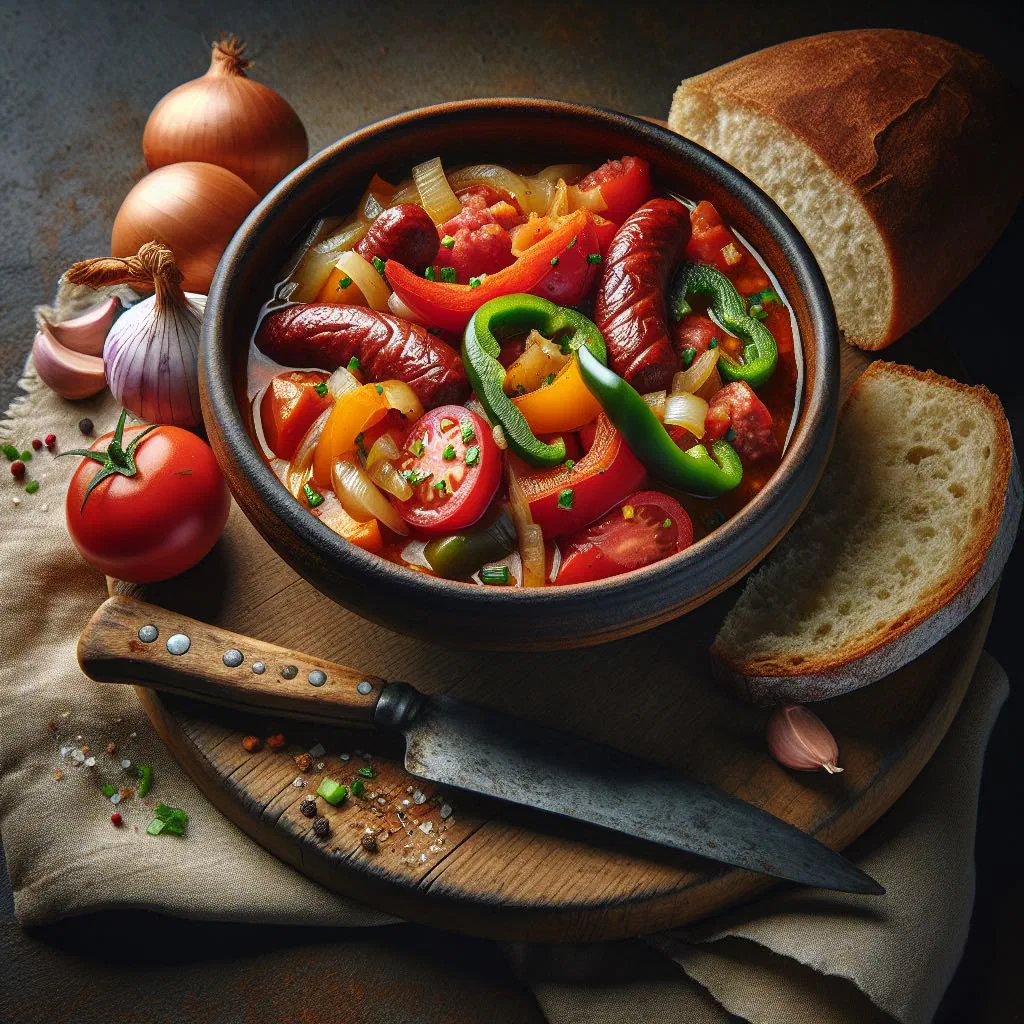Bowl of leczo with peppers, tomatoes and sausage garnished with fresh herbs