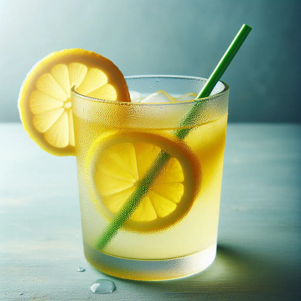 A glass of Polish lemon lemonade with ice cubes, mint and lemon slices