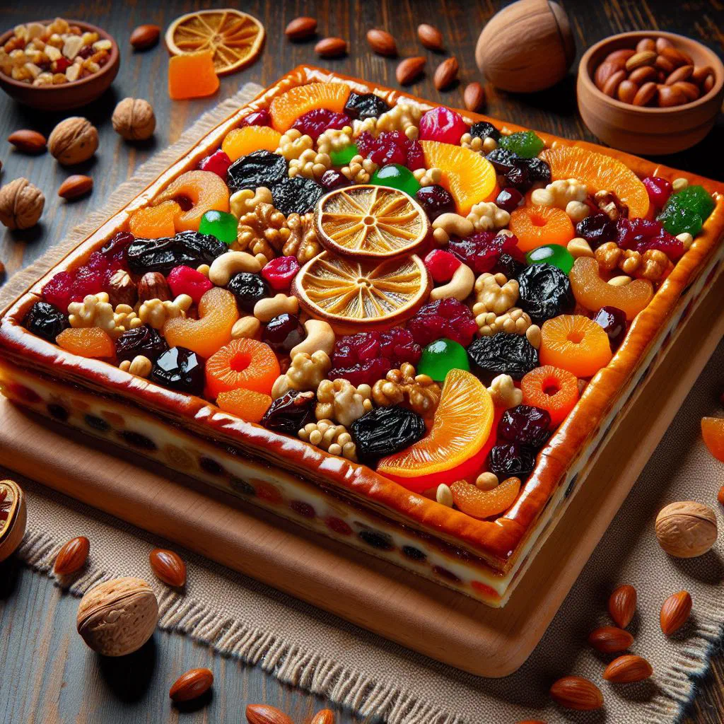 Mazurek królewski shortcrust cake topped with nuts, dried fruit and dusted with icing sugar